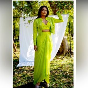 Chamee & Palak lime green jacket lehenga